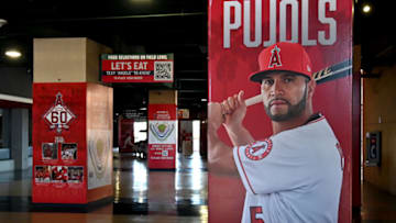 May 6, 2021; Anaheim, California, USA; An image Los Angeles Angels first baseman Albert Pujols (5) is displayed inside Angel Stadium. The Angels designated Albert Pujols for assignment today, leaving the 41-year-old’s playing future in limbo. Pujols was in the final year of his historic 10-year, $253 million contract. Mandatory Credit: Jayne Kamin-Oncea-USA TODAY Sports