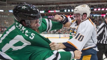 Mar 29, 2016; Dallas, TX, USA; Dallas Stars right wing Patrick Eaves (18) fights with Nashville Predators center Colton Sissons (10) during the third period at the American Airlines Center. The Stars defeat the Predators 5-2. Mandatory Credit: Jerome Miron-USA TODAY Sports