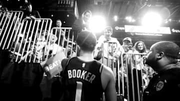 Devin Booker Phoenix Suns (Photo by Barry Gossage/NBAE via Getty Images) (EDITORS NOTE this image has been converted to black and white)