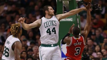 Nov 2, 2016; Boston, MA, USA; Chicago Bulls guard Dwyane Wade (3) is guarded by Boston Celtics forward / center Tyler Zeller (44) during the fourth quarter at TD Garden. The Boston Celtics won 107-100. Mandatory Credit: Greg M. Cooper-USA TODAY Sports