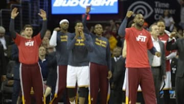 Jan 28, 2015; Cleveland, OH, USA; Cleveland Cavaliers forward LeBron James (right) and the bench cheer in the fourth quarter against the Portland Trail Blazers at Quicken Loans Arena. Mandatory Credit: David Richard-USA TODAY Sports