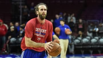 Jan 28, 2015; Philadelphia, PA, USA; Detroit Pistons forward Luigi Datome (13) warms up before the game against the Philadelphia 76ers at the Wells Fargo Center. Mandatory Credit: John Geliebter-USA TODAY Sports