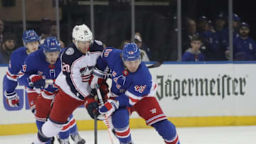 NEW YORK, NEW YORK - JANUARY 19: Brendan Lemieux #48 of the New York Rangers skates against the Columbus Blue Jackets at Madison Square Garden on January 19, 2020 in New York City. The Blue Jackets defeated the Rangers 2-1. (Photo by Bruce Bennett/Getty Images)