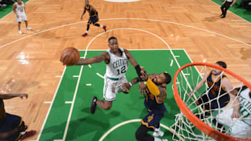 BOSTON, MA - MAY 25: Terry Rozier #12 of the Boston Celtics goes up for a lay up against the Cleveland Cavaliers in Game Five of the Eastern Conference Finals of the 2017 NBA Playoffs on May 25, 2017 at the TD Garden in Boston, Massachusetts. NOTE TO USER: User expressly acknowledges and agrees that, by downloading and or using this photograph, User is consenting to the terms and conditions of the Getty Images License Agreement. Mandatory Copyright Notice: Copyright 2017 NBAE (Photo by Brian Babineau/NBAE via Getty Images)