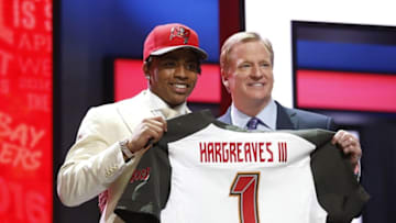 Apr 28, 2016; Chicago, IL, USA; Vernon Hargreaves III (Florida) with NFL commissioner Roger Goodell after being selected by the Tampa Bay Buccaneers as the number eleven overall pick in the first round of the 2016 NFL Draft at Auditorium Theatre. Mandatory Credit: Kamil Krzaczynski-USA TODAY Sports
