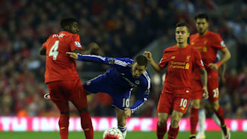 LIVERPOOL, ENGLAND - MAY 11: Kolo Toure of Liverpool challenges Eden Hazard of Chelsea during the Barclays Premier League match between Liverpool and Chelsea on May 11, 2016 in Liverpool, England. (Photo by Chris Brunskill/Getty Images)
