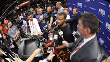 CLEVELAND, OH - JUNE 7: Rodney Hood of the Cleveland Cavaliers speaks to the media during practice and media availability as part of the 2018 NBA Finals on June 7, 2018 at Quicken Loans Arena in Cleveland, Ohio. Copyright NBAE (Photo by Joe Murphy/NBAE via Getty Images)