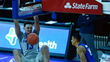 Jan 6, 2021; Omaha, Nebraska, USA; Creighton Bluejays forward Christian Bishop (13) dunks against the Seton Hall Pirates in the first half at CHI Health Center Omaha. Mandatory Credit: Steven Branscombe-USA TODAY Sports