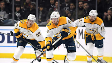 LOS ANGELES, CALIFORNIA - MARCH 14: Colton Sissons #10 of the Nashville Predators breaks out of his own zone followed by Roman Josi #59 and Nick Bonino #13 during the first period against the Los Angeles Kings at Staples Center on March 14, 2019 in Los Angeles, California. (Photo by Harry How/Getty Images)
