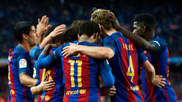 BARCELONA, SPAIN - APRIL 05: Players of Barcelona celebrates a goal during the La Liga match between FC Barcelona and Sevilla FC at Camp Nou Stadium on April 5, 2017 in Barcelona, Spain. (Photo by fotopress/Getty Images)