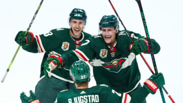 Members of the Minnesota Wild celebrate a Nick Bjugstad goal in the third-period of Game 6. The Wild have rallied from a 3-1 deficit to tie the Stanley Cup playoff series against the Vegas Golden Knights.(Photo by Harrison Barden/Getty Images)