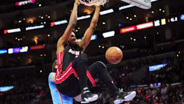 January 11, 2015; Los Angeles, CA, USA; Miami Heat center Hassan Whiteside (21) dunks to score a basket against the Los Angeles Clippers during the first half at Staples Center. Mandatory Credit: Gary A. Vasquez-USA TODAY Sports
