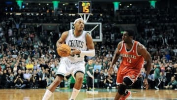 December 21, 2012; Boston, MA USA; Milwaukee Bucks power forward Ekpe Udoh (13) guards Boston Celtics small forward Paul Pierce (34) during the second half at TD Garden. Mandatory Credit: Bob DeChiara-USA TODAY Sports
