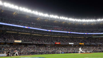 NEW YORK, NY - OCTOBER 9: CC Sabathia #52 of the New York Yankees delivers the first pitch in the first inning during Game 4 of the ALDS against the Boston Red Sox at Yankee Stadium on Tuesday, October 9, 2018, in the Bronx borough of New York City. (Photo by Alex Trautwig/MLB Photos via Getty Images)