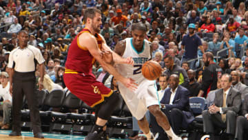 CHARLOTTE, NC - MARCH 24: Marvin Williams #2 of the Charlotte Hornets handles the ball against Kevin Love #0 of the Cleveland Cavaliers during a game on March 24, 2017 at the Spectrum Center in Charlotte, North Carolina. NOTE TO USER: User expressly acknowledges and agrees that, by downloading and/or using this photograph, user is consenting to the terms and conditions of the Getty Images License Agreement. Mandatory Copyright Notice: Copyright 2017 NBAE (Photo by Brock Williams-Smith/NBAE via Getty Images)