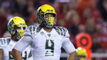 Nov 8, 2014; Salt Lake City, UT, USA; Oregon Ducks defensive lineman Arik Armstead (9) between plays during the second half against the Utah Utes at Rice-Eccles Stadium. Oregon won 51-27. Mandatory Credit: Russ Isabella-USA TODAY Sports