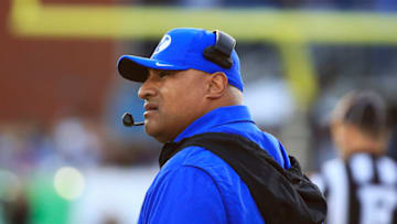 STATESBORO, GA - NOVEMBER 20: Head coach Kalani Sitake of the Brigham Young Cougars reacts to an official's call during the second quarter at Allen E. Paulson Stadium on November 20, 2021 in Statesboro, Georgia. (Photo by Corey Perrine/Getty Images)