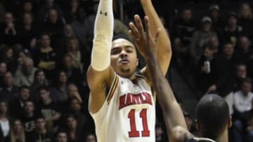 Feb 27, 2016; West Lafayette, IN, USA; Maryland Terrapins guard Jared Nickens (11) shoots against the Purdue Boilermakers in the first half at Mackey Arena. Mandatory Credit: Sandra Dukes-USA TODAY Sports