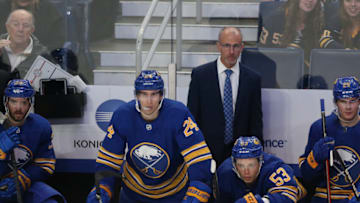 BUFFALO, NEW YORK - OCTOBER 16: Don Granato of the Buffalo Sabres (C) watches the action during the third period of a NHL hockey game against the Arizona Coyotes at KeyBank Center on October 16, 2021 in Buffalo, New York. (Photo by Joshua Bessex/Getty Images)