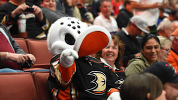 ANAHEIM, CA - OCTOBER 09: Anaheim Ducks mascot Wild Wing rallies the crowd during an NHL game between the Calgary Flames and the Anaheim Ducks on October 09, 2017 at Honda Center in Anaheim, CA. (Photo by Chris Williams/Icon Sportswire via Getty Images)