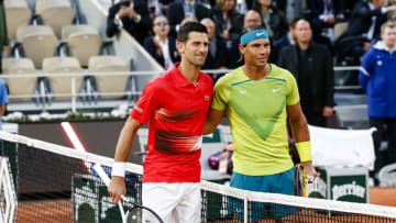 PARIS, FRANCE - MAY 31: Novak Djokovic of Serbia and Rafa Nadal of Spain poses for official photo prior the Men's Singles Quarter Finals match on Day 10 of The 2022 French Open at Roland Garros on May 31, 2022 in Paris, France. (Photo by Antonio Borga/Eurasia Sport Images/Getty Images)