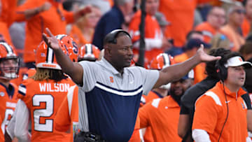 Sep 17, 2022; Syracuse, New York, USA; Syracuse Orange head coach Dino Babers reacts to a play against the Purdue Boilermakers in the third quarter at JMA Wireless Dome. Mandatory Credit: Mark Konezny-USA TODAY Sports