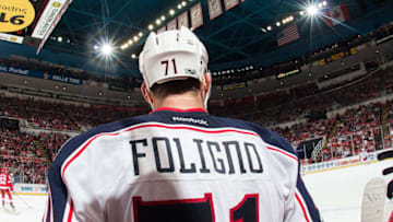 DETROIT, MI - FEBRUARY 07: Nick Foligno #71 of the Columbus Blue Jackets waits at the bench between plays during an NHL game against the Detroit Red Wings at Joe Louis Arena on February 7, 2017 in Detroit, Michigan. The Blue Jackets defeated the Wings 3-2 in OT. (Photo by Jennifer Hefner/NHLI via Getty Images)