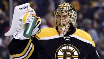 Apr 7, 2016; Boston, MA, USA; Boston Bruins goalie Tuukka Rask (40) squirts himself with water during the first period against the Detroit Red Wings at TD Garden. Mandatory Credit: Bob DeChiara-USA TODAY Sports