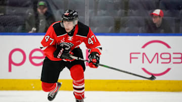 QUEBEC CITY, QC - OCTOBER 26: Charle Truchon #47 of the Quebec Remparts skates during his QMJHL hockey game at the Videotron Center on October 26, 2019 in Quebec City, Quebec, Canada. (Photo by Mathieu Belanger/Getty Images)