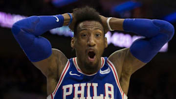 PHILADELPHIA, PA - MARCH 13: Robert Covington #33 of the Philadelphia 76ers reacts after being called for a foul in the fourth quarter against the Indiana Pacers at the Wells Fargo Center on March 13, 2018 in Philadelphia, Pennsylvania. The Pacers defeated the 76ers 101-98. NOTE TO USER: User expressly acknowledges and agrees that, by downloading and or using this photograph, User is consenting to the terms and conditions of the Getty Images License Agreement. (Photo by Mitchell Leff/Getty Images)