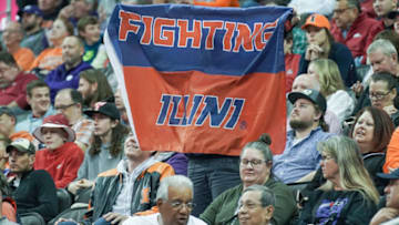 Nov 22, 2021; Kansas City, MO, USA; A Illinois Fighting Illini fan shows her support against the Cincinnati Bearcats during the second half at T-Mobile Center. Mandatory Credit: Denny Medley-USA TODAY Sports