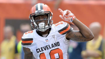 Sep 18, 2016; Cleveland, OH, USA; Cleveland Browns wide receiver Corey Coleman (19) celebrates his second touchdown of the game during the first half against the Baltimore Ravens at FirstEnergy Stadium. Mandatory Credit: Ken Blaze-USA TODAY Sports
