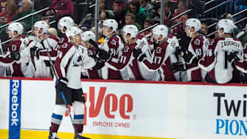 Sep 27, 2016; Saint Paul, MN, USA; Colorado Avalanche forward Rene Bourque (24) celebrates his goal with teammates during the second period of a preseason hockey game against the Minnesota Wild at Xcel Energy Center. Mandatory Credit: Brace Hemmelgarn-USA TODAY Sports