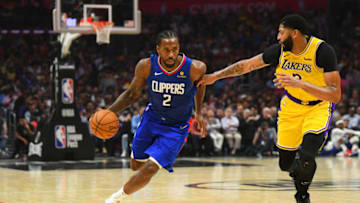 LOS ANGELES, CA - OCTOBER 22: Los Angeles Clippers Forward Kawhi Leonard (2) drives to the basket against Los Angeles Lakers Forward Anthony Davis (3) during a NBA game between the Los Angeles Lakers and the Los Angeles Clippers on October 22, 2019 at STAPLES Center in Los Angeles, CA. (Photo by Brian Rothmuller/Icon Sportswire via Getty Images)