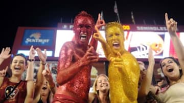 Sep 20, 2014; Tallahassee, FL, USA; Florida State Seminoles fans celebrate an overtime win against the Clemson Tigers at Doak Campbell Stadium. Mandatory Credit: Melina Vastola-USA TODAY Sports
