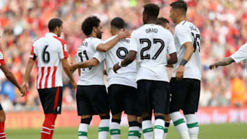 DUBLIN, IRELAND - AUGUST 05: Roberto Firmino of Liverpool celebrates scoring their teams first goal with teammates during the Pre Season Friendly match between Liverpool and Athletic Club at Aviva Stadium on August 5, 2017 in Dublin, Ireland. (Photo by Ian Walton/Getty Images)