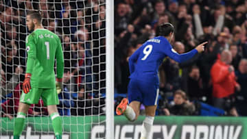 LONDON, ENGLAND - NOVEMBER 05: Alvaro Morata of Chelsea celebrates scoring his sides first goal during the Premier League match between Chelsea and Manchester United at Stamford Bridge on November 5, 2017 in London, England. (Photo by Shaun Botterill/Getty Images)