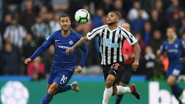 NEWCASTLE UPON TYNE, ENGLAND - AUGUST 26: Chelsea player Eden Hazard and Newcastle player DeAndre Yedlin in action during the Premier League match between Newcastle United and Chelsea FC at St. James Park on August 26, 2018 in Newcastle upon Tyne, United Kingdom. (Photo by Stu Forster/Getty Images)
