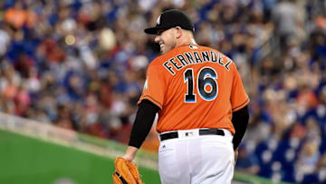 Jun 5, 2016; Miami, FL, USA; Miami Marlins starting pitcher Jose Fernandez (16) smiles during a game against the New York Mets at Marlins Park. The Marlins won 1-0. Mandatory Credit: Steve Mitchell-USA TODAY Sports