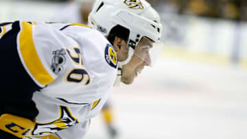 BOSTON, MA - MARCH 28: Nashville Predators left wing Kevin Fiala (56) waits for the face off during a regular season NHL game between the Boston Bruins and the Nashville Predators on March 28, 2017, at TD Garden in Boston, Massachusetts. The Bruins defeated the Predators 4-1. (Photo by Fred Kfoury III/Icon Sportswire via Getty Images)