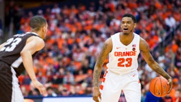 SYRACUSE, NY - DECEMBER 29: Frank Howard #23 of the Syracuse Orange sets the play during the second half against the St. Bonaventure Bonnies at the Carrier Dome on December 29, 2018 in Syracuse, New York. Syracuse defeats St. Bonaventure 81-47. (Photo by Brett Carlsen/Getty Images)