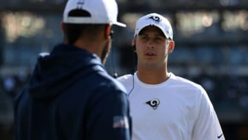 OAKLAND, CALIFORNIA - AUGUST 10: Jared Goff #16 of the Los Angeles Rams stands on the sidelines during their NFL preseason game against the Oakland Raiders at RingCentral Coliseum on August 10, 2019 in Oakland, California. (Photo by Robert Reiners/Getty Images)