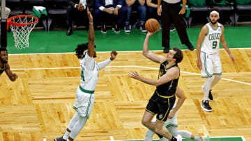 Jun 8, 2022; Boston, Massachusetts, USA; Golden State Warriors forward Nemanja Bjelica (8) shoots the ball against Boston Celtics center Robert Williams III (44) in game three of the 2022 NBA Finals at TD Garden. Mandatory Credit: Winslow Townson-USA TODAY Sports