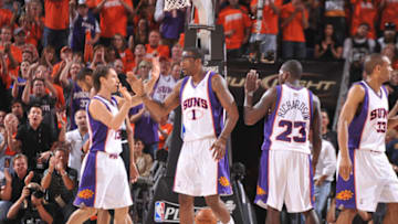 PHOENIX, AZ MAY 3: Steve Nash #13, Amar'e Stoudemire #1 and Jason Richardson #23 of the Phoenix Suns celebrate against the San Antonio Spurs in Game One of the Western Conference Semifinals during the 2010 NBA Playoffs at the U.S. Airways Center on May 3, 2010 in Phoenix, Arizona. NOTE TO USER: User expressly acknowledges and agrees that, by downloading and/or using this Photograph, user is consenting to the terms and conditions of the Getty Images License Agreement. Mandatory Copyright Notice: Copyright 2010 NBAE (Photo by Jesse D. Garrabrant/NBAE via Getty Images)