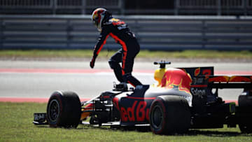 AUSTIN, TX - OCTOBER 22: Daniel Ricciardo of Australia and Red Bull Racing climbs from his car after retiring during the United States Formula One Grand Prix at Circuit of The Americas on October 22, 2017 in Austin, Texas. (Photo by Clive Mason/Getty Images)