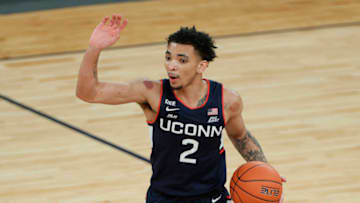 NEW YORK, NEW YORK - MARCH 12: James Bouknight #2 of the Connecticut Huskies calls a play in the first half against the Creighton Bluejays during the Semifinals of the Big East Tournament at Madison Square Garden on March 12, 2021 in New York City. (Photo by Sarah Stier/Getty Images)