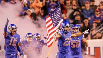 BOISE, ID - NOVEMBER 09: Corner back Avery Williams #26 of the Boise State Broncos carries the hammer out to start the first half action between the Fresno State Bulldogs on November 9, 2018 at Albertsons Stadium in Boise, Idaho. (Photo by Loren Orr/Getty Images)