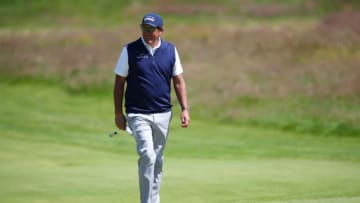 SANDWICH, ENGLAND - JULY 16: Phil Mickelson of the USA prepares to putt on the 18th green during Day Two of The 149th Open at Royal St George’s Golf Club on July 16, 2021 in Sandwich, England. (Photo by Christopher Lee/Getty Images)