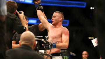 LAS VEGAS, NV - JULY 7: Justin Gaethje celebrates after his victory over Michael Johnson during The Ultimate Fighter Finale event inside the T-Mobile Arena on July 7, 2017 in Las Vegas, Nevada. (Photo by Rey Del Rio/Getty Images)