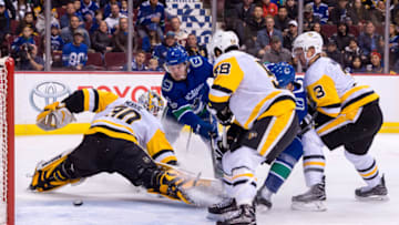 VANCOUVER, BC - NOVEMBER 04: Vancouver Canucks Right Wing Brock Boeser (6) scores a goal on Pittsburgh Penguins Goalie Matt Murray (30) during their NHL game at Rogers Arena on November 4, 2017 in Vancouver, British Columbia, Canada. (Photo by Derek Cain/Icon Sportswire via Getty Images)
